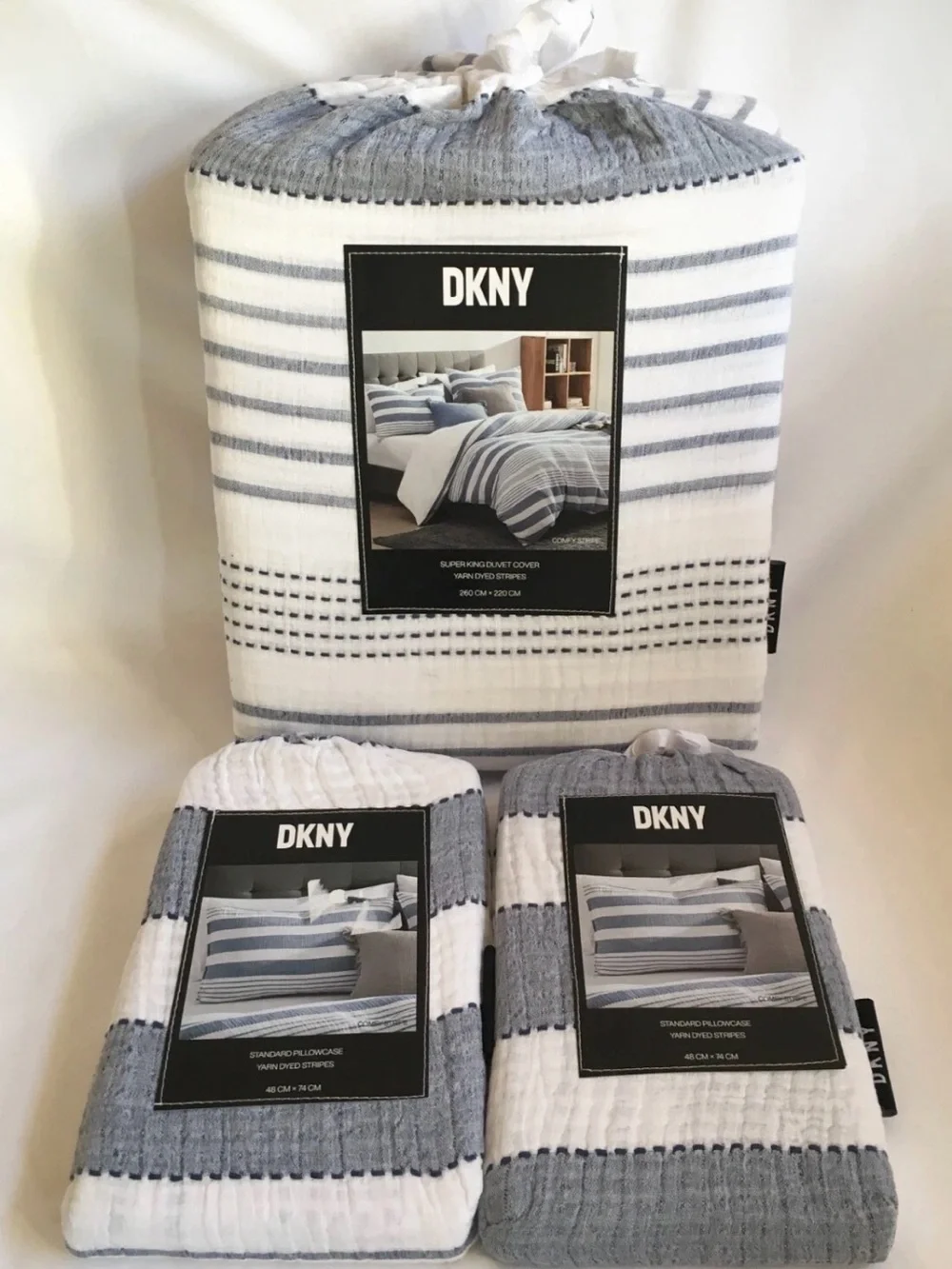 DKNY Blue and White Striped 3 piece Duvet Cover Set with shams cotton breathable